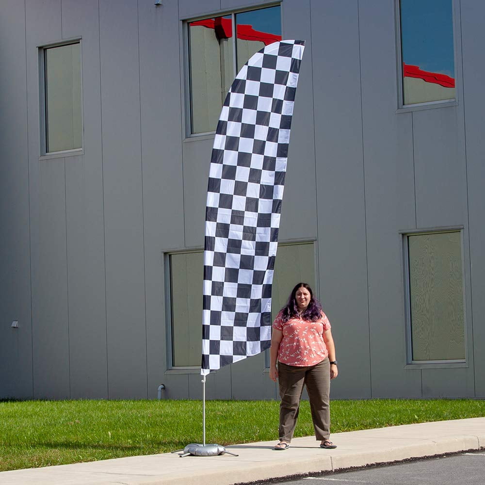 Vispronet Black/White Checkered Feather Flag Kit - 13.5ft Knitted Polyester Swooper Flag with Pole Set, Cross Base and Weight Bag - Printed in The USA
