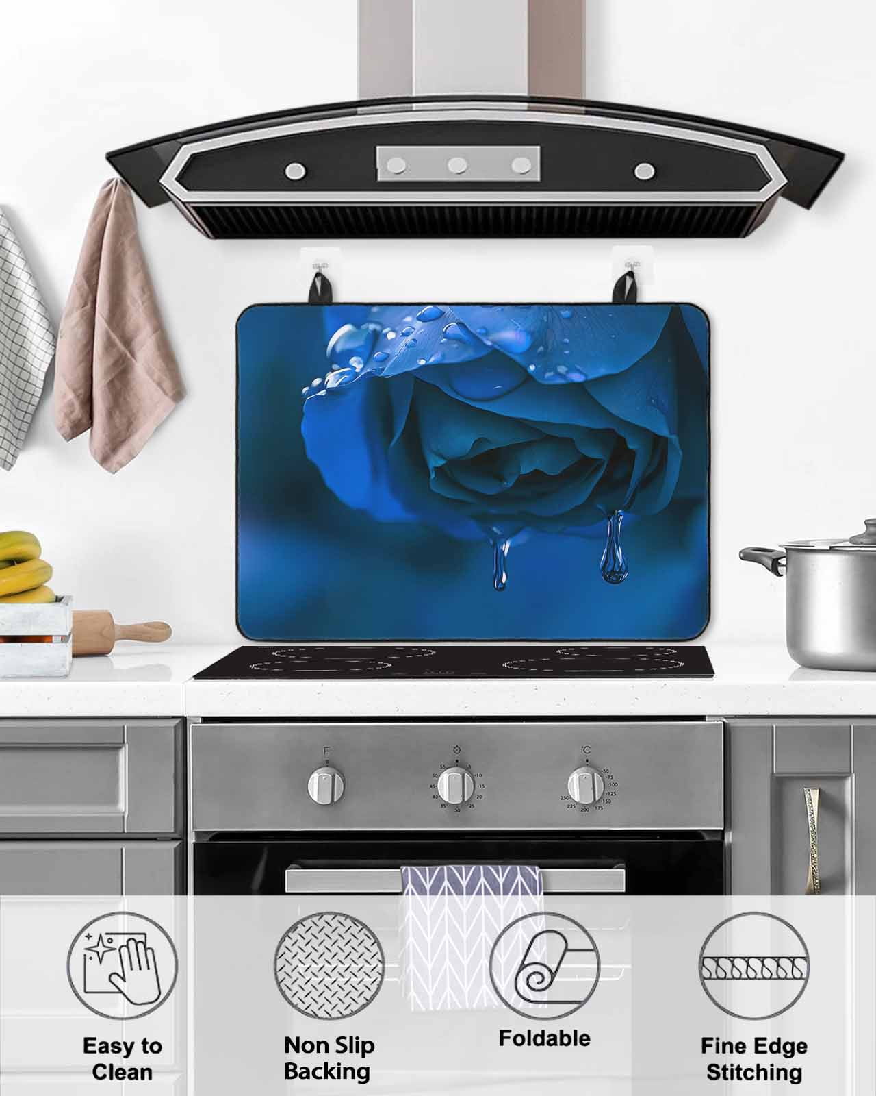 nqOlkjepod Large Induction Cooktop Protector Mat 24"x21", Blue Rose Stove Top Covers for Electric Stove, Elegance Fantasy Flowers Romantic Decorative Stove Burner Cover Mats, Glass Top Stove Cover