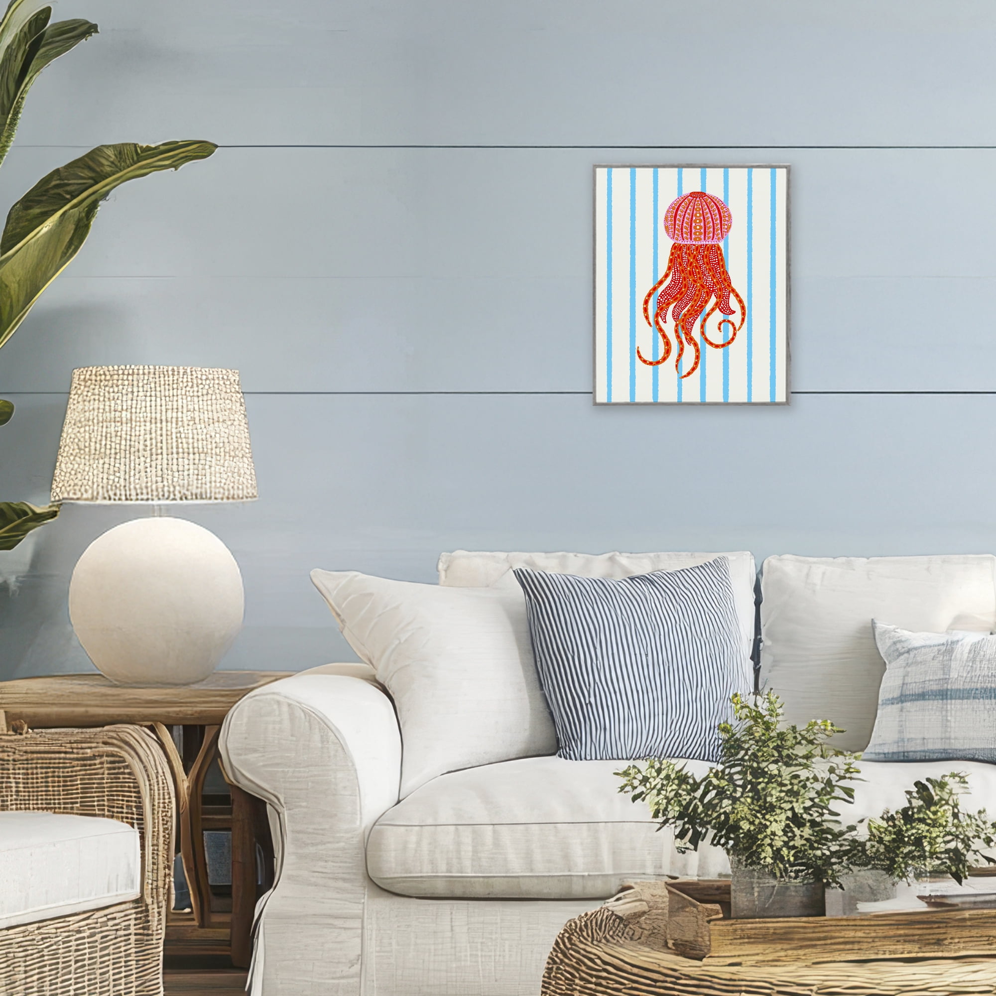 Stupell Industries Bright Aquatic Jellyfish on Stripes Gray Framed Giclee Art, design by Indira Prieto | IndySign