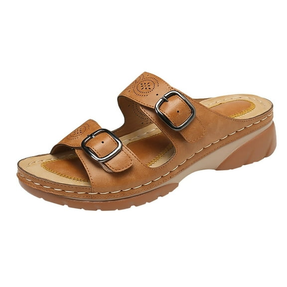 JeashCHAT Womens Wedge Slide Sandals with Arch Support 2 Strap Double Buckle Adjustable Slip On Slides Shoes Non Slip Rubber Sole (Khaki)