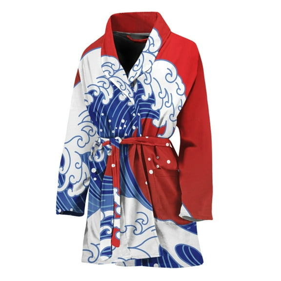 Red Sun Japanese Wave Women Bathrobe One Size Univeral Fits, Japanese Style Vibe Fashion Lightweight Plush Fleece Long Robe For Women