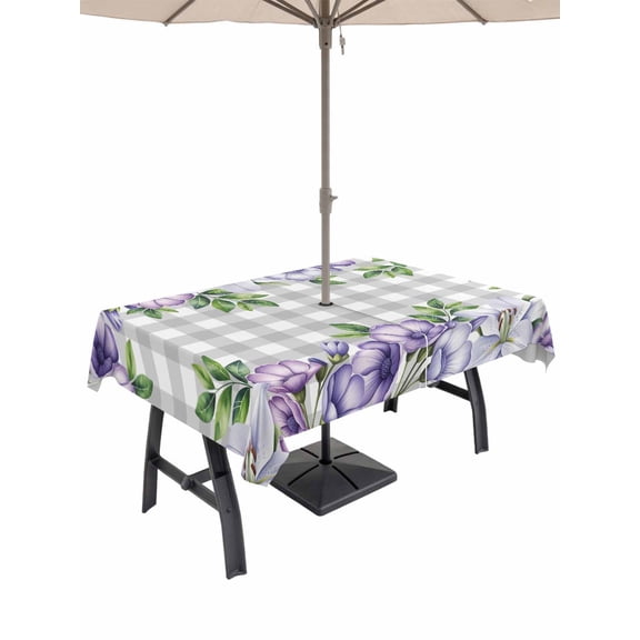 Outdoor Tablecloth with Umbrella Hole for Patio/Picnic/Party/Camping, Purple Flowers Waterproof Table Cloth Rectangle Table Cover Washable, Spring Floral Leaves Plants Gray Plaid (60"x 84")