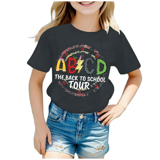 AWZXDE Hauts pour Filles Enfants Rentrée des Classes T-Shirt Graphique à Manches Courtes Col Rond Lumineux Confortable pour Garçons et Filles