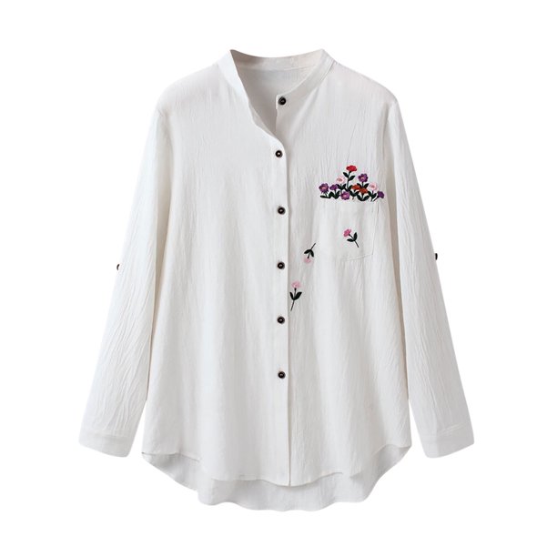 Moda Mujer Causal Rounk Cuello Impresión Blusa Camiseta de manga larga Otoño Bolsillo Tops Fridja hkj1819