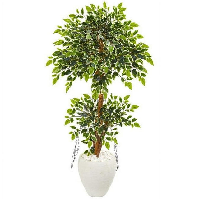 Nearly Natural 9392 56 in. Variegated Ficus Artificial Tree in White Planter