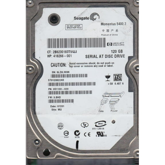 ST9120822AS, 5LZ, WU, PN 9S1133-020, FW 3.BHD, Seagate 120GB SATA 2.5 Hard Drive
