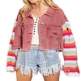 thumbnail image 2 of Women Denim Patchwork Jacket Button Down Distressed Cropped Denim Jacket Striped Pattern Long Sleeve with Pockets Streetwear, 2 of 8