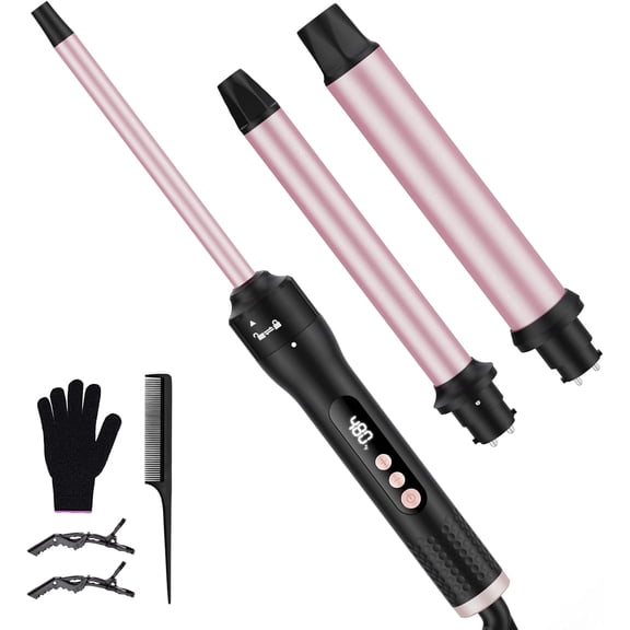 Professional 3-in-1 Ceramic Curling Iron Wand Set ,with 3 Interchangeable Barrels (0.5-1.25 inch) Fast Heating Dual Voltage Iron for All Hair Types