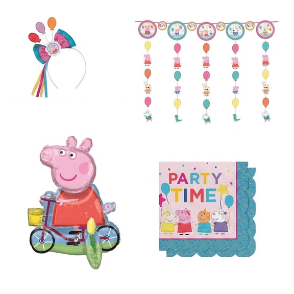 Amscan Peppa Pig Party Kit – 4 Count Set with 22in Foil Balloon, 16CT 6.5in Napkins, 10ft Garland & Deluxe Headband