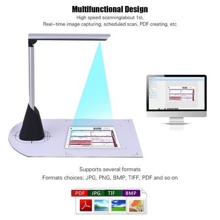 Portable High Speed USB Book Image Document Camera Scanner 5 Mega-pixel HD High-Definition Max. A4 Scanning Size with OCR Function LED Light for Classroom Office Library