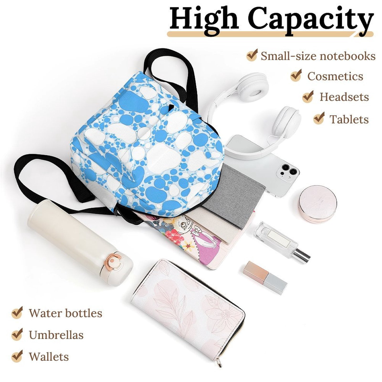 8.1×10in Casual Women'S Backpack With Anti-Contraction And Stretch For Sports Activities Travel Picnics Milk Cow Skin Print Style PowDerBlue_4