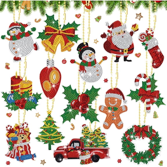 14 Pcs Christmas Diamond Art Ornaments Christmas Diamond Painting Keychains Kits Double Sided Hanging Art Key Ring Painting Ornaments 5d DIY Craft Gifts Family Home Decor Rhinestone Pendant
