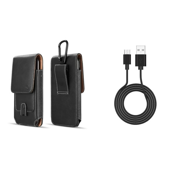 Bemz Accessory Bundle for AT&T AXIA - Vertical Belt Holster Carrying Case with Card Slots (Black) with Durable Fast Charge/Sync Micro USB Charger Cable (3.3 Feet) and Atom Cloth