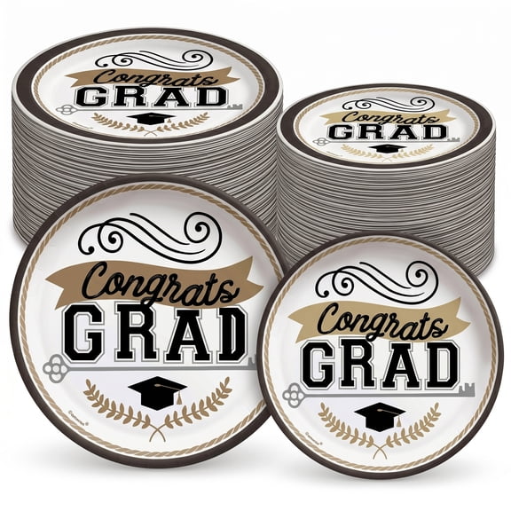 Amscan 100 Count Round Paper Plates Congrats Grad Graduation Party Black White Gold Pack of 50 9" and 7" Plates
