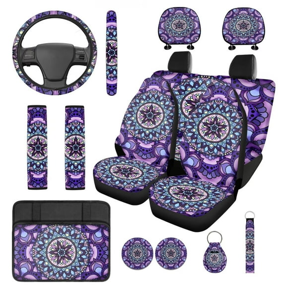 Yuyamidu 14 PCS Boho Mandala Flower Car Seat Covers Full Set Purple Automobile Accessories Decor Steering Wheel Cover Seatbelt Pad Headrest Covers Armrest Pad Cup Mat Key Chain