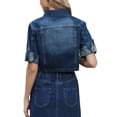 thumbnail image 3 of Womens Denim Jacket 2026 Casual 3/4 Sleeve Collared Button Down Crop Jean Jacket Coats XS Deep Blue, 3 of 6