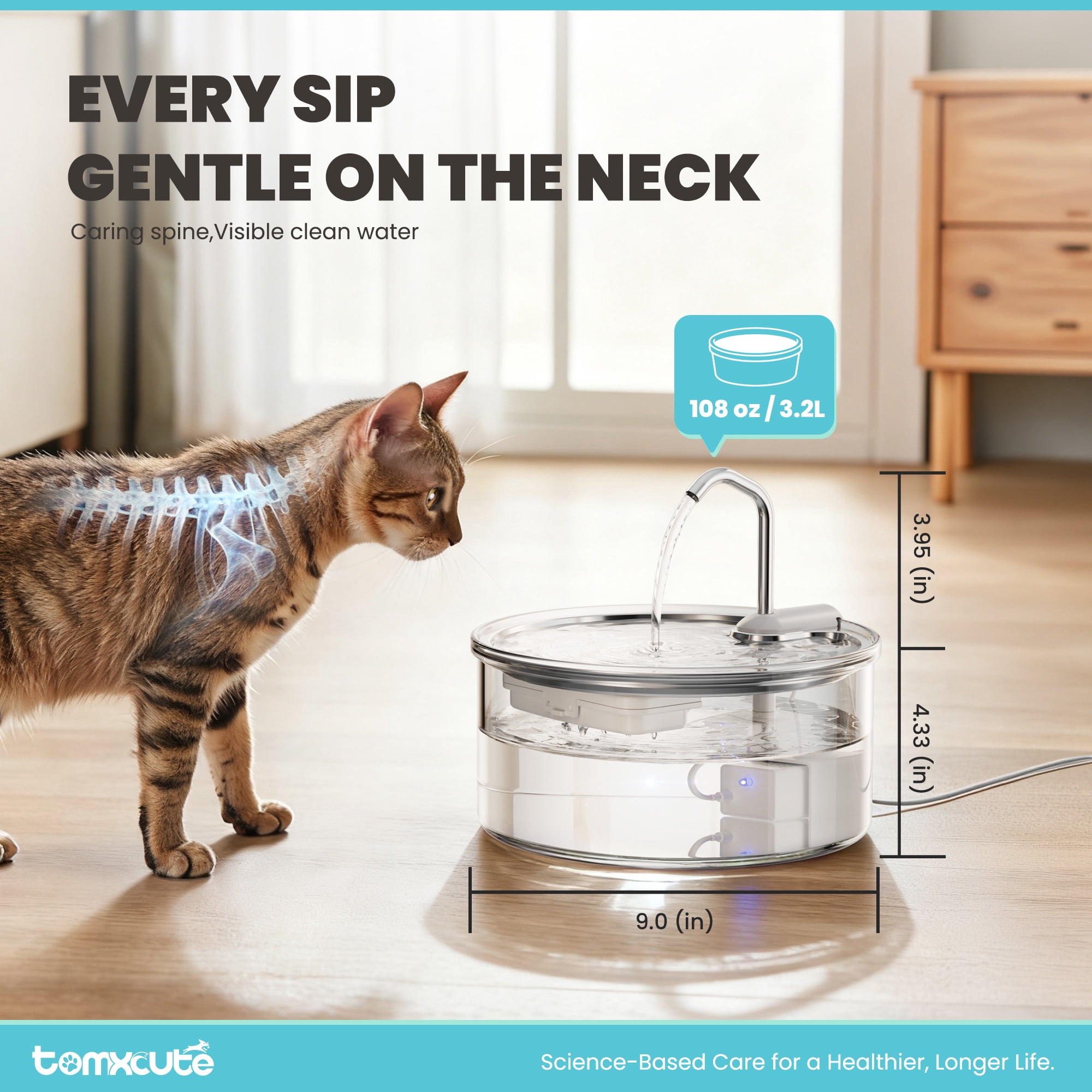 FURCLAN Glass Cat Water Fountain , 24/7 Reliable Corded Pet Water Fountain with Quiet Pump and Filter, 108oz/3.2L Large Capacity Dog Water Fountain for Cats, Dogs, and Multiple Pets