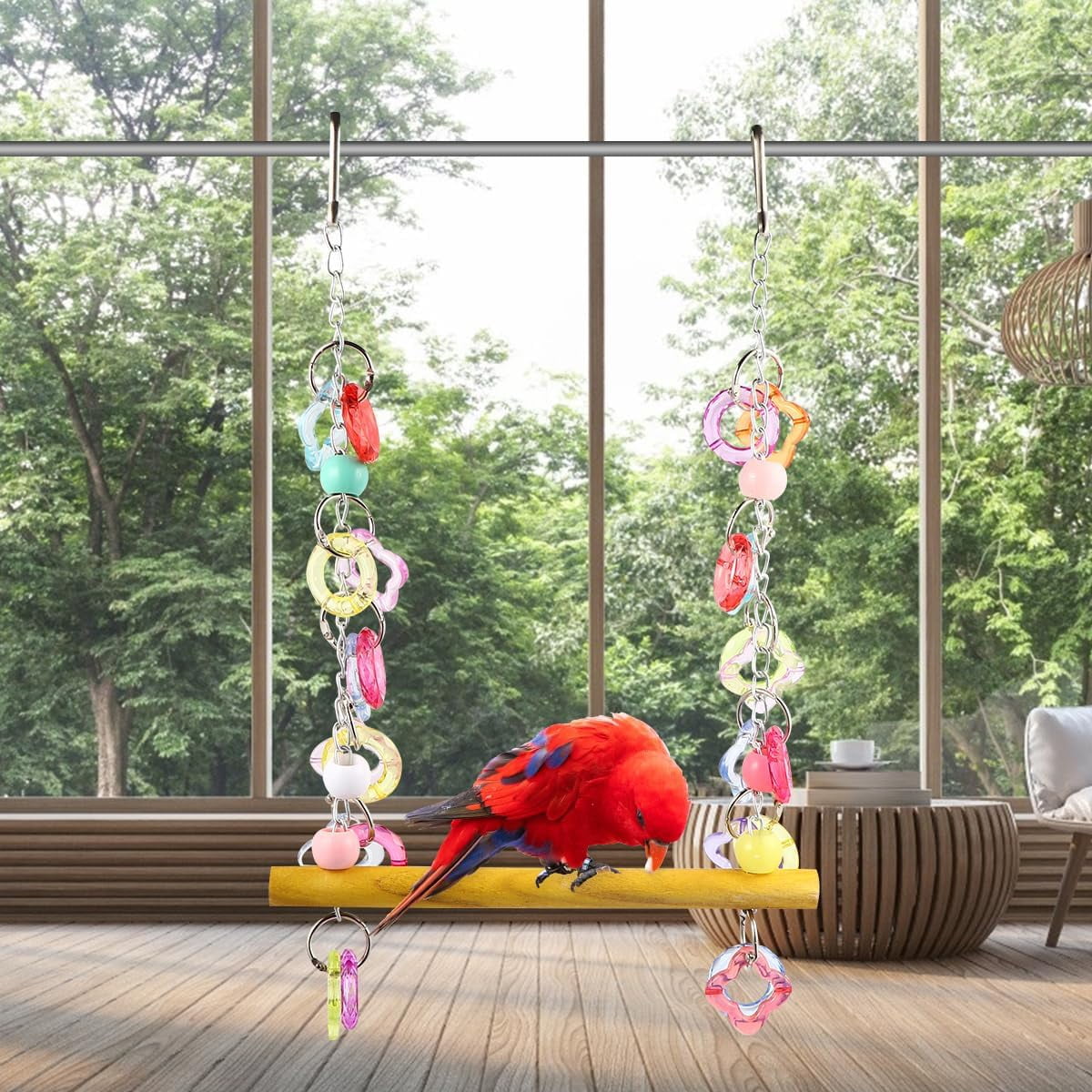 Pet Bird Swing Hanging Chewing Toy Wooden Parrot Stand for Cage and Garden