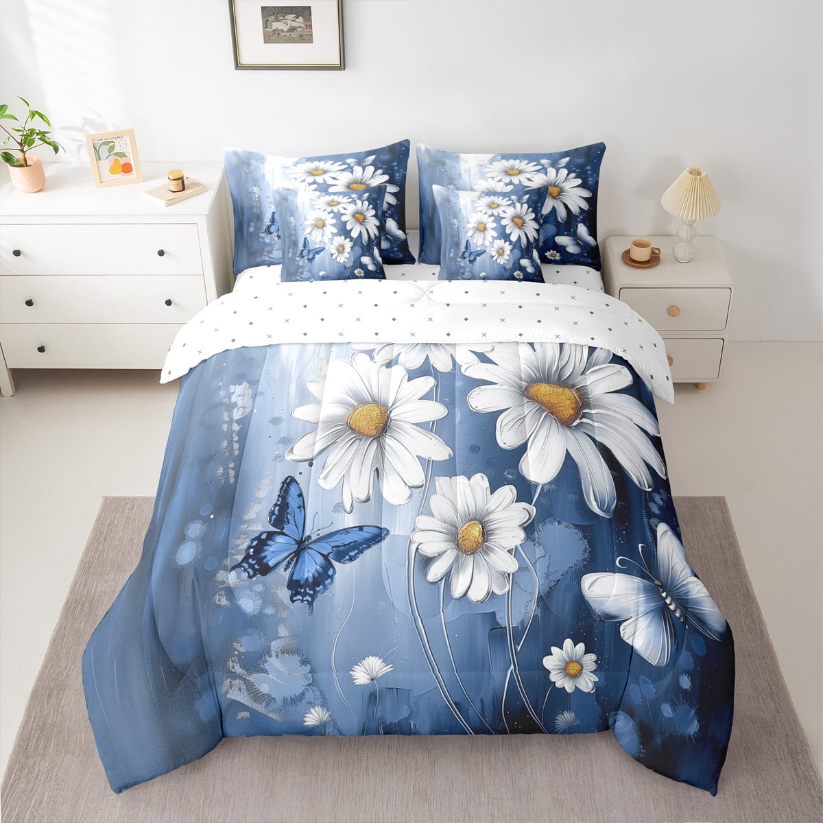 Homewish Cute Cartoon Daisy 7 Pieces Bedding Comforter Set,Rustic Flower Butterfly Full Bedding Set,Blue White Fitted Sheet Flat Sheet For Girls Kids,Microfiber Bedroom Decor Reversible