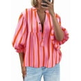 thumbnail image 1 of Blusa de Verano A Rayas con Cuello en V y Mangas Abullonadas para Mujer, Estilo Babydoll, Holgada e Informal Rosa L, 1 of 9