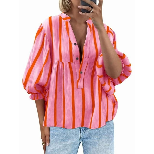 Blusa de Verano A Rayas con Cuello en V y Mangas Abullonadas para Mujer, Estilo Babydoll, Holgada e Informal Rosa L