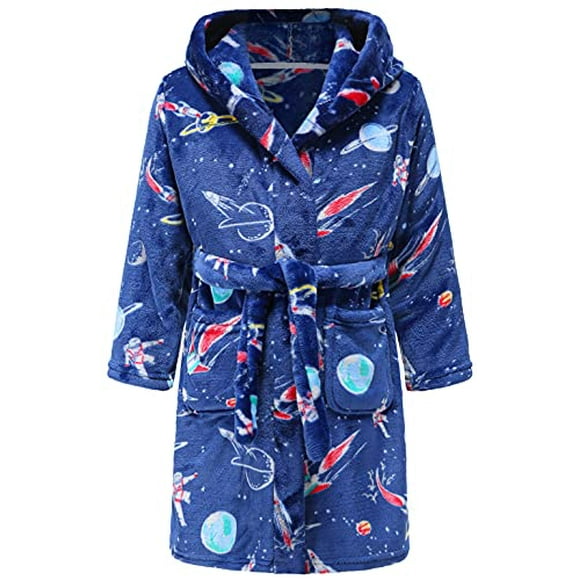 Boys Bathrobes, Toddler Kids Hooded Robes Soft Plush Fleece Pajamas Sleepwear for Boys & Girls (Navy Astronaut Rocket, Tag 150cm/ 9-10T)