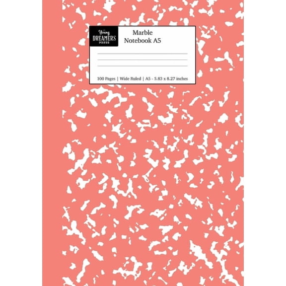 A5 Lined Notebooks Marble Notebook A5: Coral Pink Marble Wide Ruled Journal, Book 3, (Paperback)