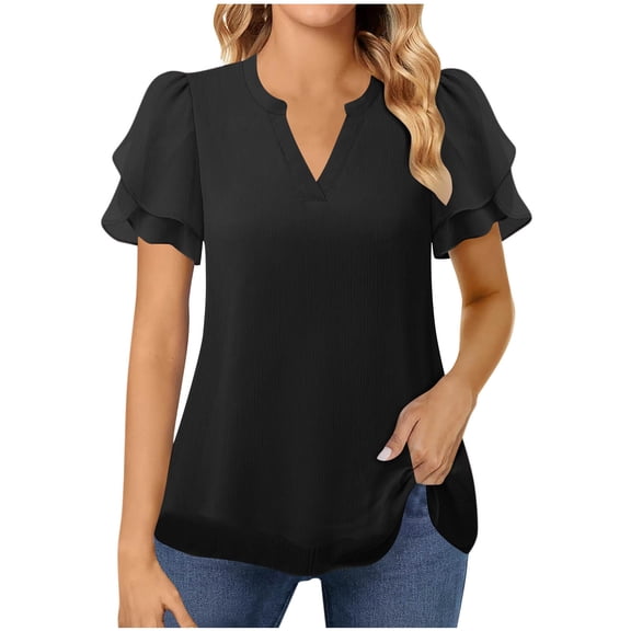 VerPetridure Women’s Dressy Casual Blouses Chiffon V Neck Petal Short Sleeve Shirts Summer Business Work Tops