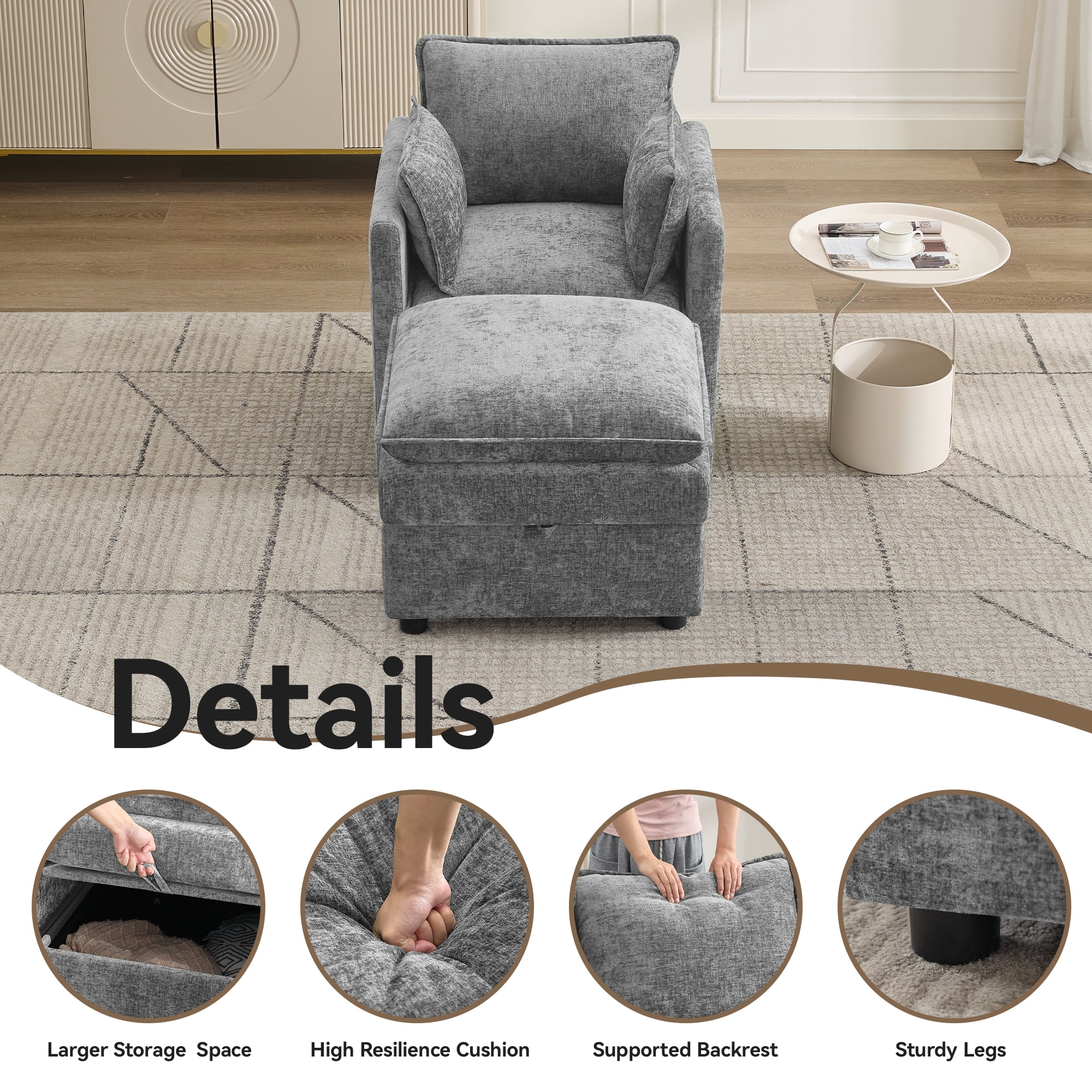 WUTUTUEE Cloud Modular Single Sofa Chair with Storage Ottoman, Modern Upholstered Chenille Accent Chair for Living Room, Bedroom, Small Space, Gray