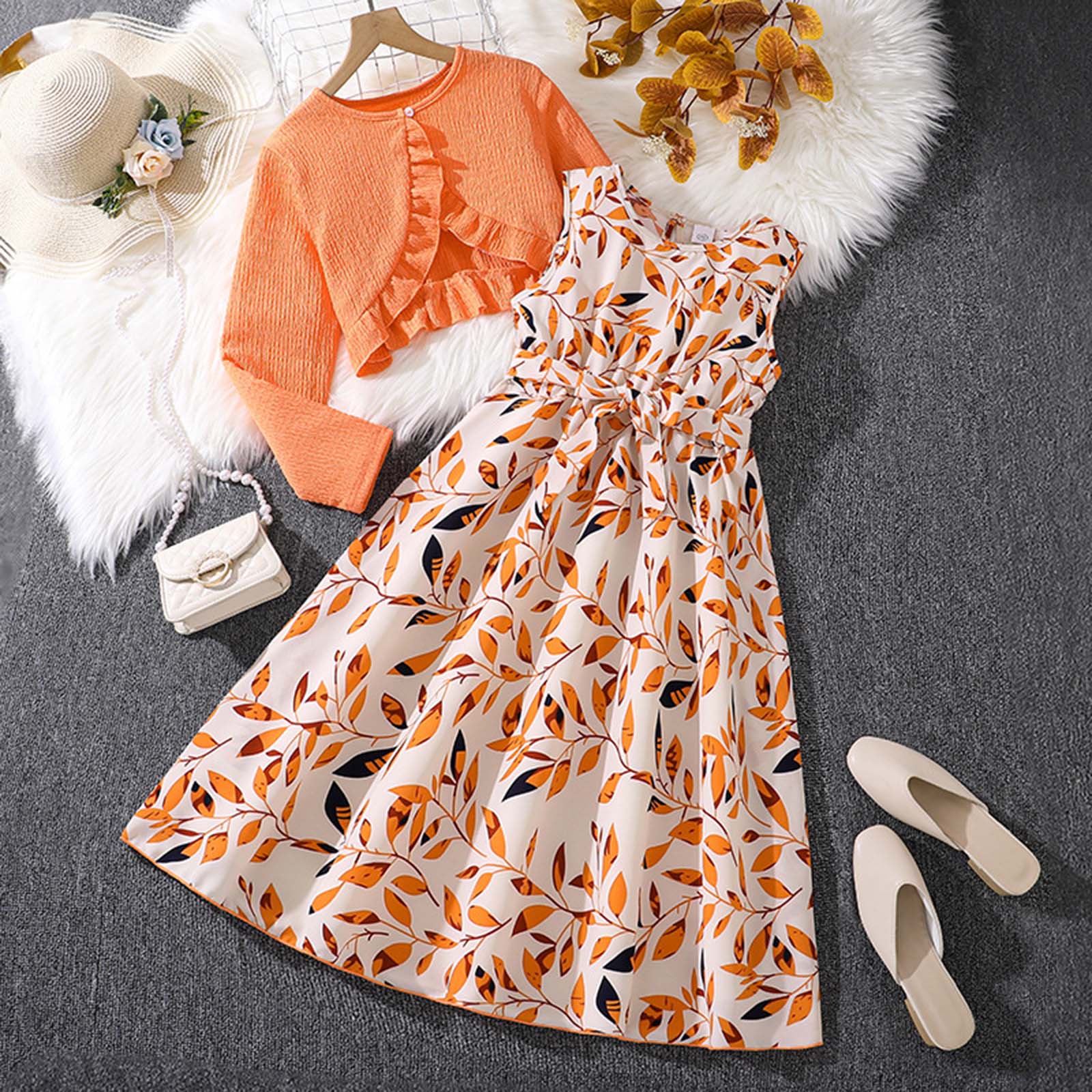 dmqupv Outfit Set for Girls Girls Fall Outfits, 2 Piece Girl Clothes, Letter Print Long Sleeve Sweatshirt Pleated Skirt Sets for Kids Teen Orange,Size for 11-12 Years