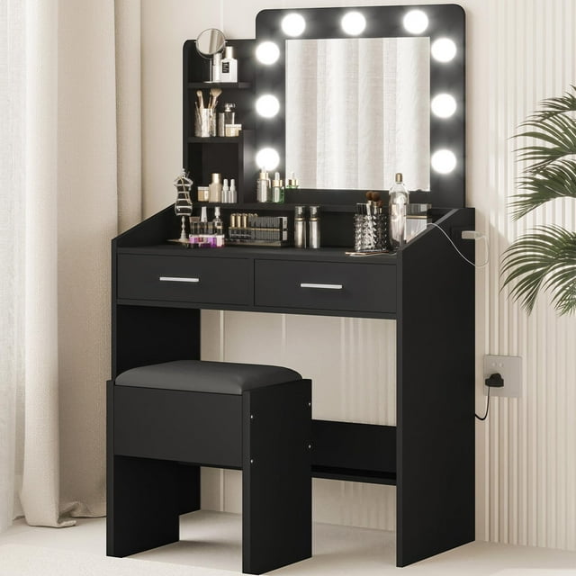 Vanity Desk with Lights, Makeup Table with Mirror, 3 Light Modes, 2 Drawers, Stool, and Built-in Outlet for Bedroom