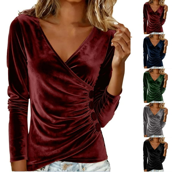 Maplenight Velvet Long Sleeve Shirts for Women Dressy Casual Wrap Tops Slim Fit Fall Business Outfits