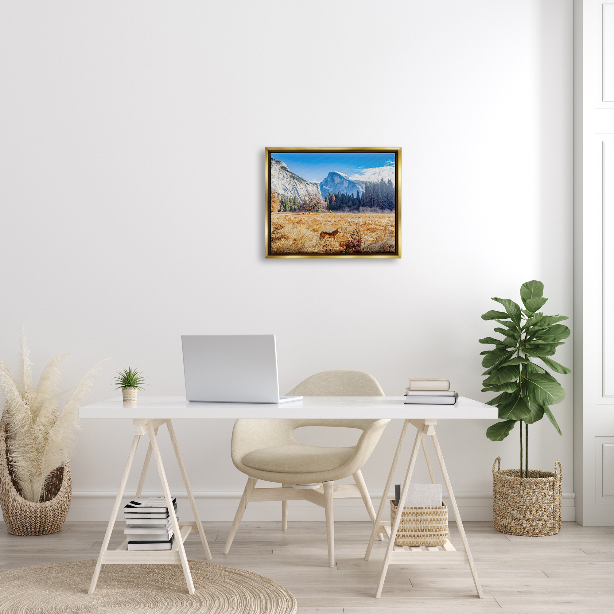 Stupell Industries Wolf Grazing Rural Grassland Clear Sky Mountains Photograph Metallic Gold Floating Framed Canvas Print Wall Art, Design by Jeff Poe Photography