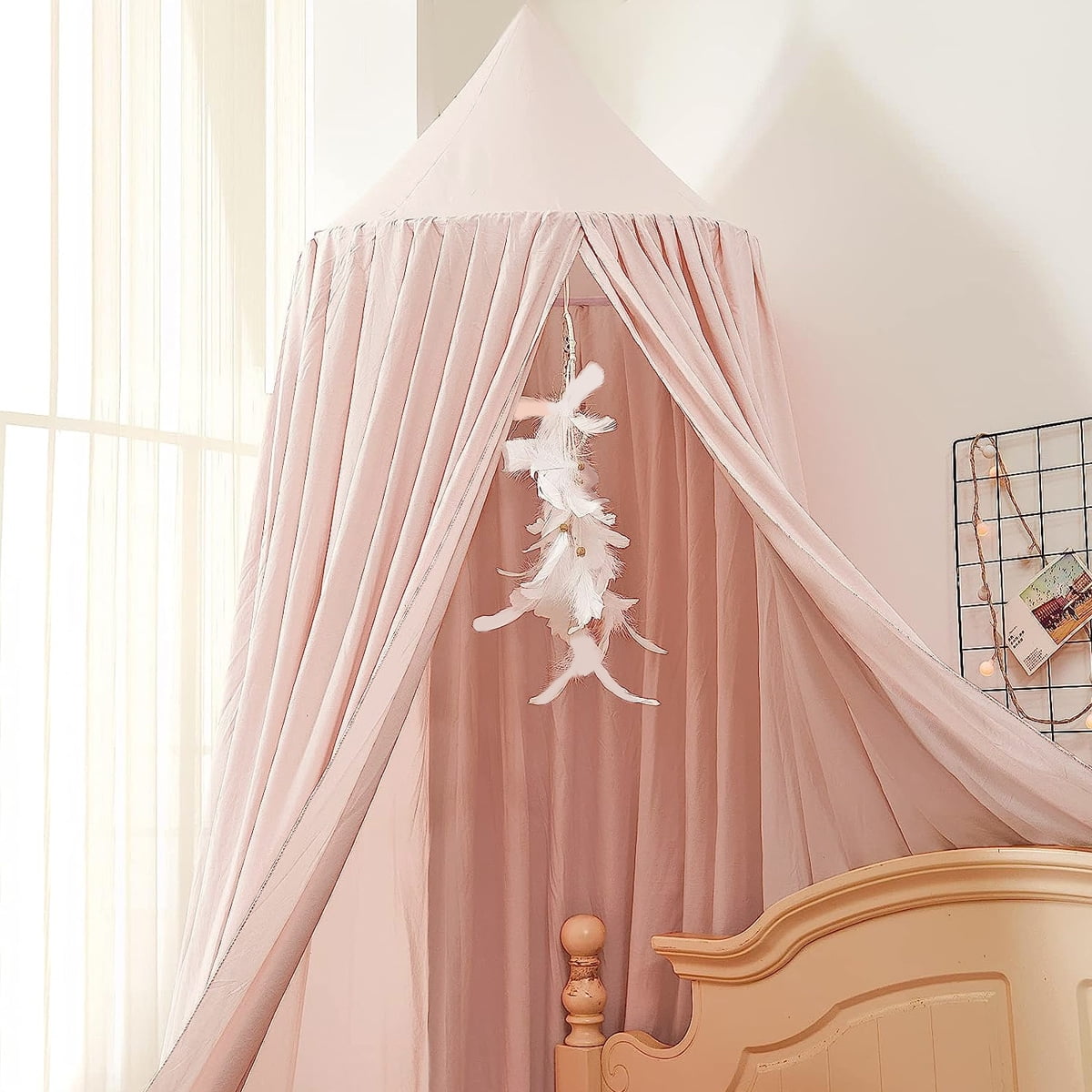 Bed Canopy for Girls, Soft Pink Princess Canopy for Girls Bed, Dreamy Decor Frills Bed Canopies for Kids Room, Hanging Canopy Bedding Drapes Toddler Reading Nook Play Tent