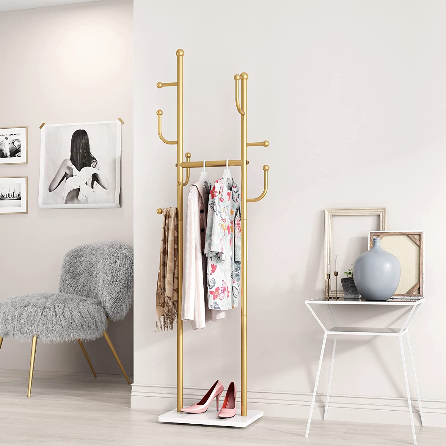 LINSHUI Freestanding Gold Clothing Racks with Marble Base, Heavy Duty