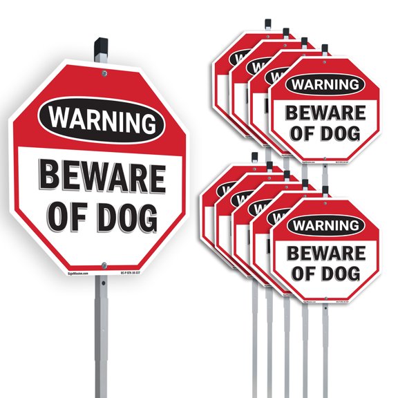 Warning Beware of Dog (10 Pack) 10 inch X 10 inch Octagon Aluminum Metal Signs with Aluminum Mounting Stakes Weather Resistant UV Protected for Workplace Private Property and