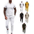 thumbnail image 4 of Traje de ocio para hombre, cuello vuelto, cintura con cremallera, Color puro, manga corta, pantalones largos, chándal blanco 3XL, 4 of 6