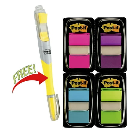 Post-it® Flags, Assorted Bright Colors, 50 Flags Per Pad, Pack Of 4 Pads + FREE Flag Highlighter