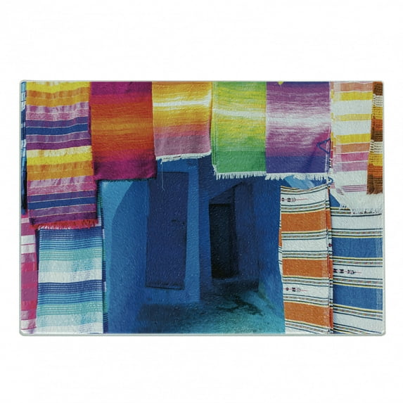 Ethnic Cutting Board, Moroccan Street Shop View with Vibrant Colorful Handcraft Famous Carpets Photo, Decorative Tempered Glass Cutting and Serving Board, in 3 Sizes, by Ambesonne