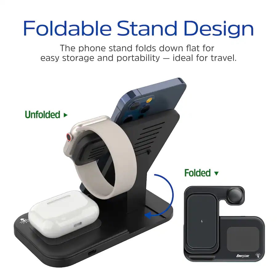 Energizer 3 in 1 15W Foldable Qi Certified Wireless Charging Station for Phone Earbuds and Apple Watch Black