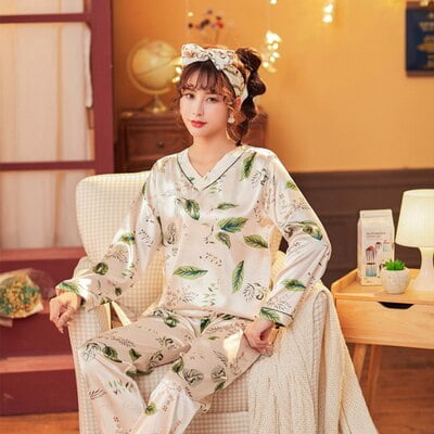 

PIKADINGNIS WAVMIT Long Sleeve Pajamas Silk Set 2 Pcs Women Sleepwear Shirt Nightwear for Women Top Pant Home Wear Young Girl Pyjamas
