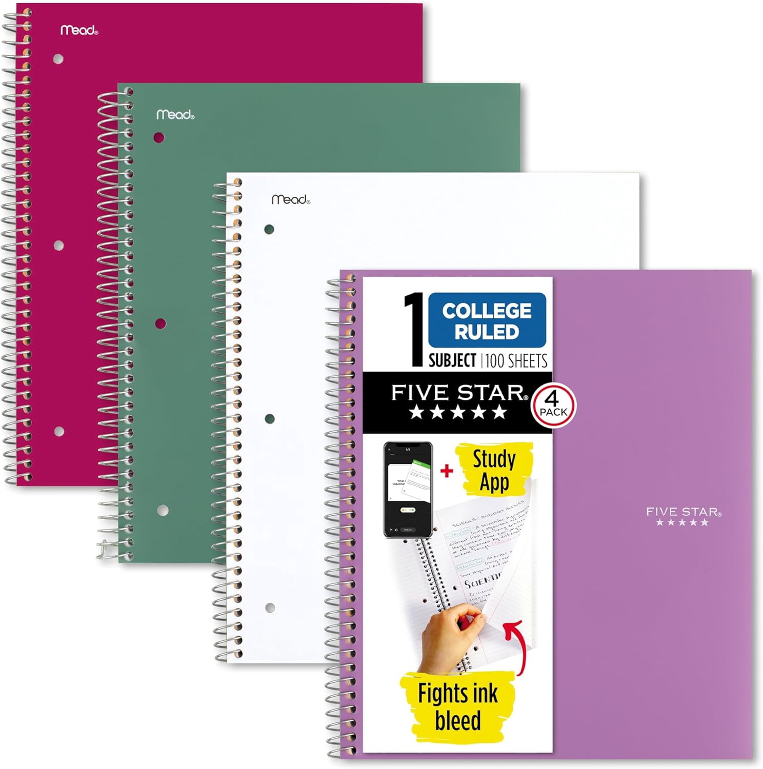 General Spiral Notebook + Study App, 4 Pack, 1 Subject, Recycled College Ruled Paper, 8-1/2" x 11", 100 Sheets, Fights Ink Bleed, Includes 3 Colors + 1 Randomly Selected Color (820046-ECM24)