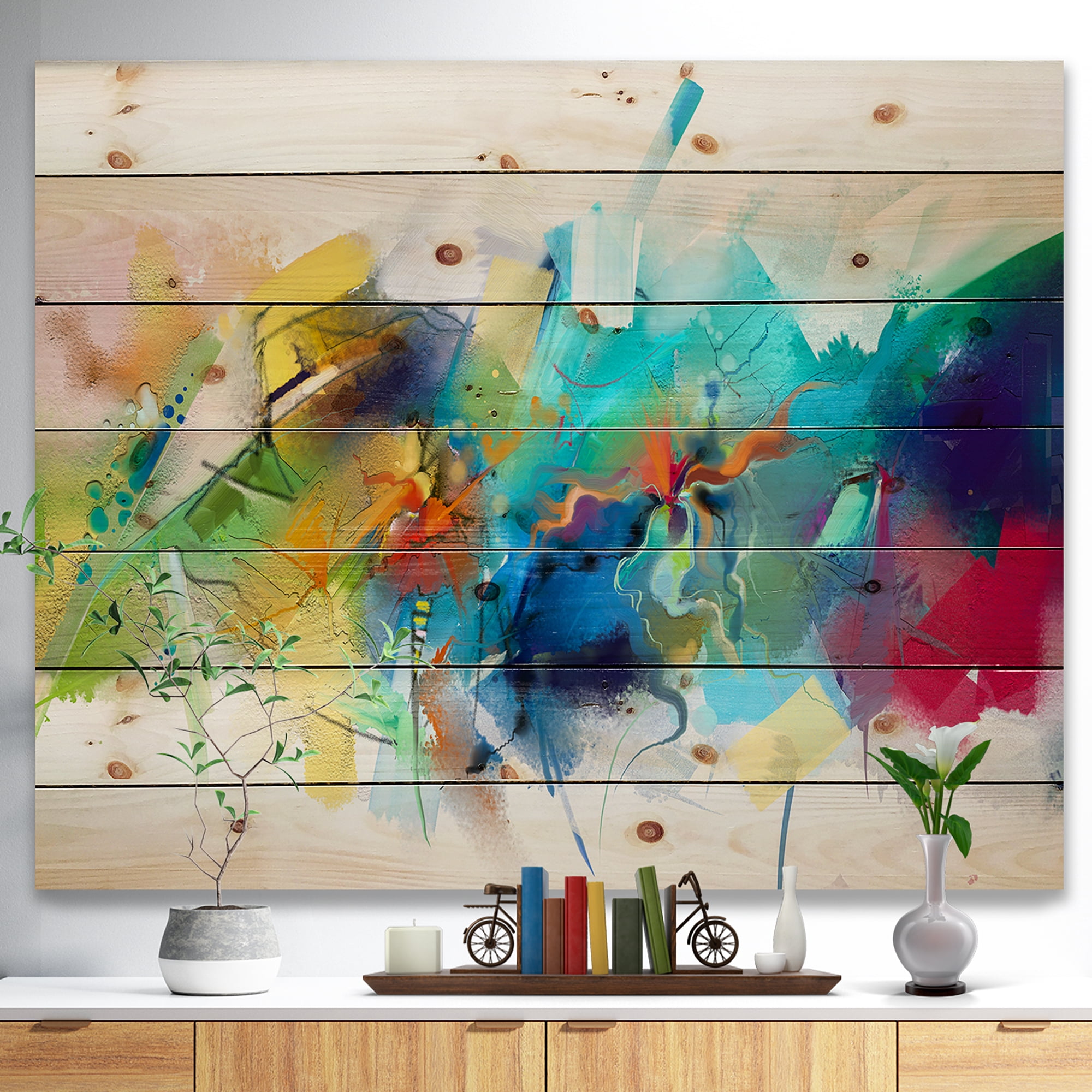 Designart 'Brush Stroke Colorful Oil Painting' Contemporary Painting Print on Natural Pine Wood
