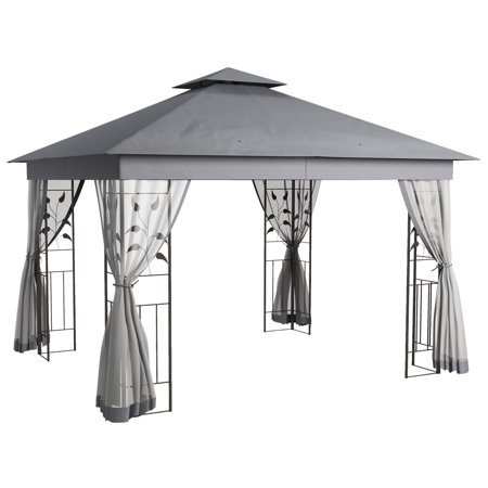 Outsunny 10‘ x 11.5‘ Metal Patio Gazebo Double Roof Outdoor Gazebo Canopy Shelter with Tree Motifs Corner Frame and Netting for Garden Lawn Backyard and Deck Gray