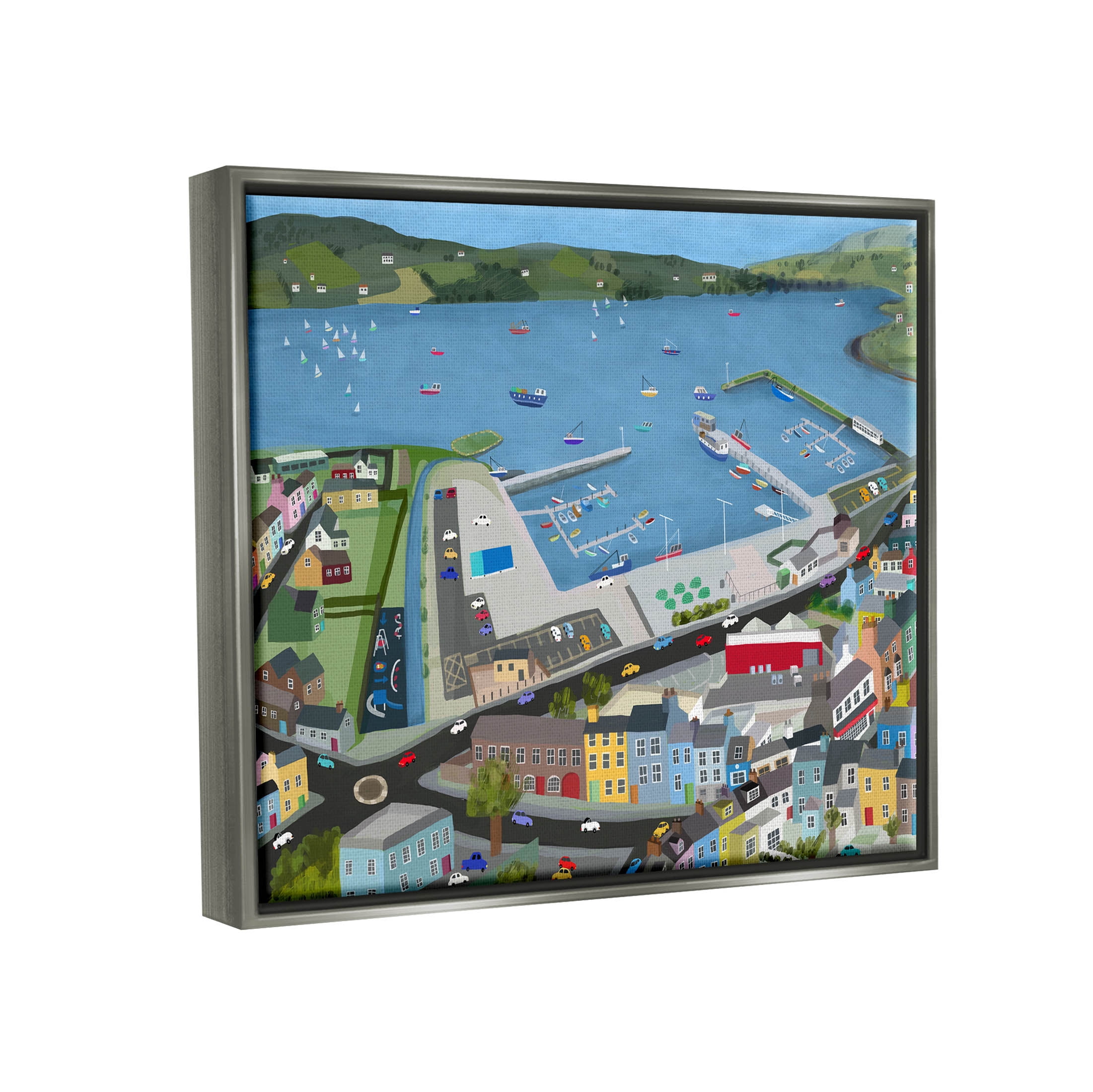 Stupell Industries Ocean Docks Suburb Streets Graphic Art Luster Gray Floating Framed Canvas Print Wall Art, Design by Carla Daly