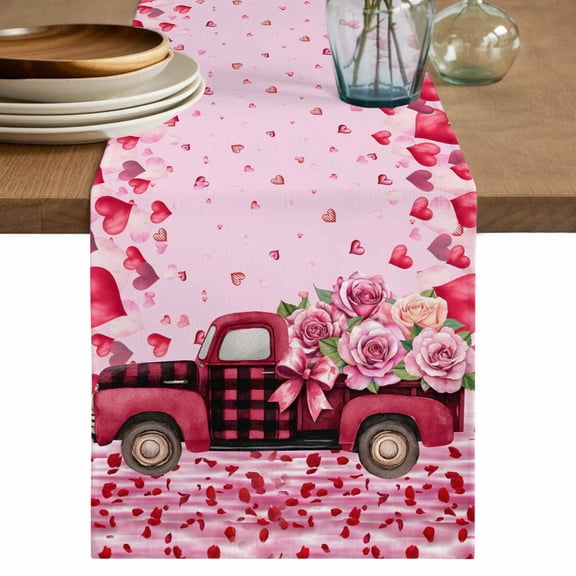 Valentine's Day Table Runner 72 Inches, Romantic Love Roses Truck Ombre Pink Bed Runner Dresser Scarves Tabletop for Indoor Outdoor Parties/Ceremony/Banquet, 14" x 72"