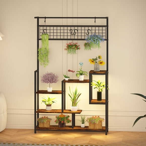 Support pour Plantes – Intérieur Haut à 7 Niveaux avec Lumières de Croissance – Étagère d'Exposition en Métal – Organisateur à Plusieurs Niveaux et Crochets Suspendus – Salon, Balcon, Patio et Jardin – Bois Tigre