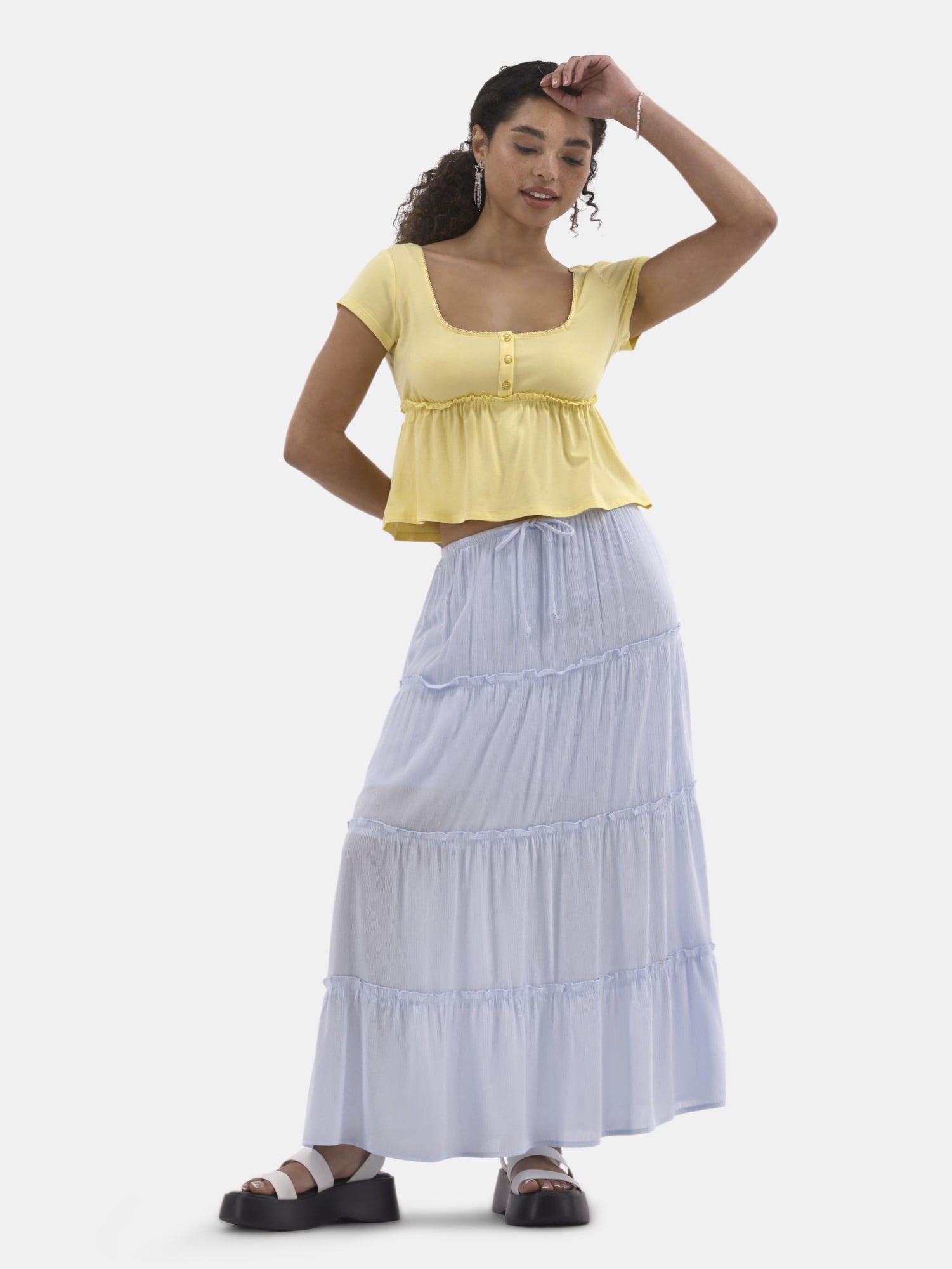 No Boundaries Babydoll Top with Short Sleeves, Women's