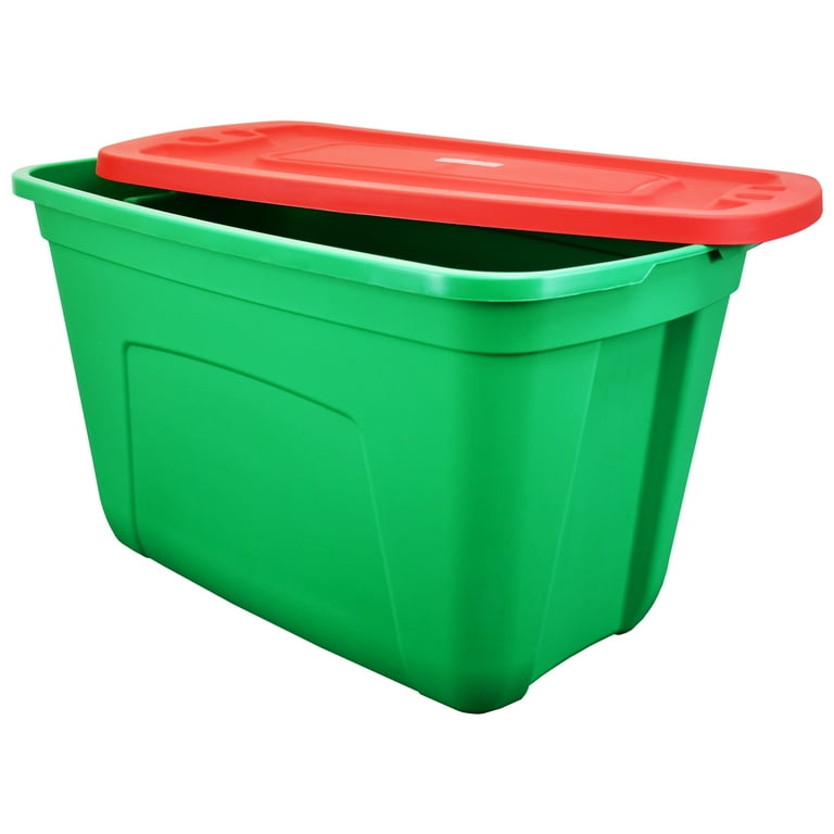 Simplykleen 18-Gallon Reusable Stacking Plastic Storage Containers with Lids, Green/Red (Pack of 4),Holiday Organizer, Stackable Bins, Nestable