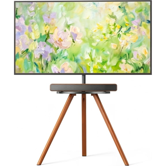 PEGZONE Wooden Easel TV Stand for 45-65 Inch TVs up to 88 lbs, Portable Tripod Floor TV Stand with Swivel & Height Adjustment, Wood TV Stand with Storage Tray, Fits VESA 600x400, Walnut & Black